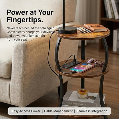 Small Round Side Table with Charging Station, 3-Tier Waist Circular End Table with Storage Shelf, Compact Tea Sofa Side Table Small Spaces, Round Corner Coffee Table for Living Room Bedroon,Brown