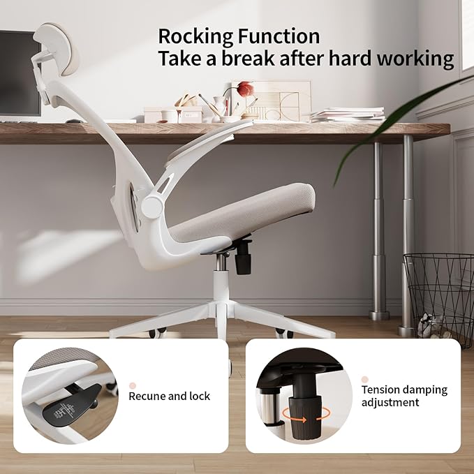 Office Chair Ergonomic Desk Chair with Lumbar Support&Headrest&Flip-up Arms Height Adjustable Rocking Swivel High Computer Chair Multi-Angle from 90° to 125° with 350LBS Capacity(White+Khaki-2)