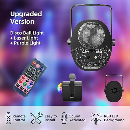 Disco Ball Light Party Lights with Multi-Color Laser Pattern, Sound Activated Strobe Lamp, Remote Control, Home Karaoke Dance Decoration for Birthday Parties, Events & Nightclubs (ABS Plastic)