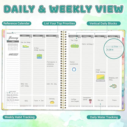 Daily Planner 2026, 8.5" x 11", Weekly & Monthly Planner from JAN.2026 to DEC.2026, Column View Calendar Organizers, Spiral Hardcover Agenda Book with Tabs for Office School Supplies, Tree