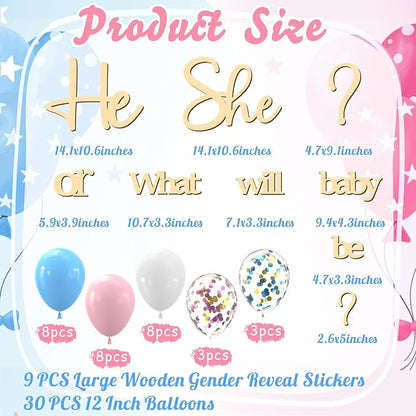 Large Wooden Gender Reveal Party Decor Backdrop Decals with 30 PCS Pink Blue Balloons He or She What Will Baby Be Balloon Arch Signs Colorable Boy or Girl Party Sticker Banner Baby Shower Photo Props