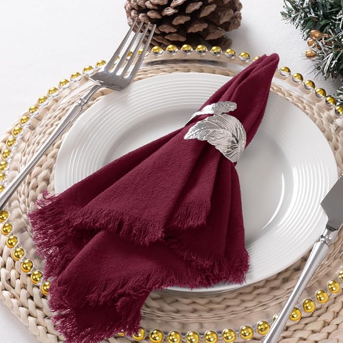 12 Pack Burgundy Red Cotton Linen Napkins with Fringe Christmas Red Cloth Napkins Set of 12 Boho Handmade Holiday Napkins Bulk for Wedding Baby Shower Christmas, 17 x 17 Inches