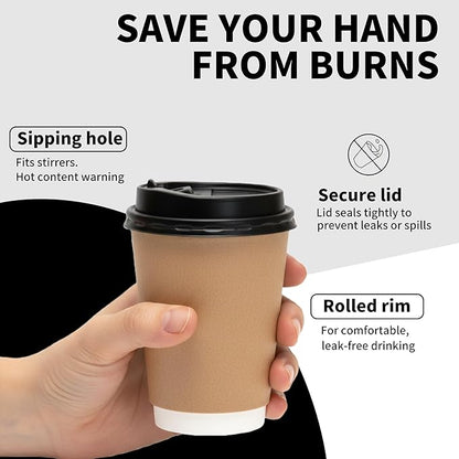 Disposable Coffee Paper Cups Of 12oz With lids, Double Wall Insulated Hot To go Cups With Lids, Hot Coffee Cups With Lids For Coffee Supplies, Daily Usage Or Any events