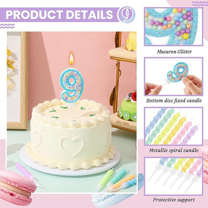 MTLEE Number 9 Birthday Candle Macaron Glitter 3D Number Candle with 12 Pcs Rainbow Spiral Candles in Holders for Girl Boy Cake Topper Wedding Anniversary Pastel Sweet Theme Party Decoration