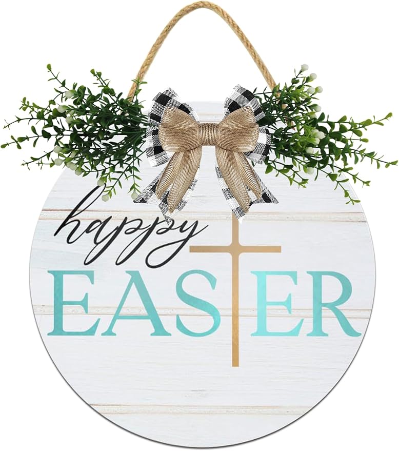 Boylee Easter Wooden Hanging Sign Happy Easter Sign Door Decoration with Bow Rustic Easter Wood Wreath Sign for Easter Spring Holiday Home Coffee Shop Bakery Farmhouse Window