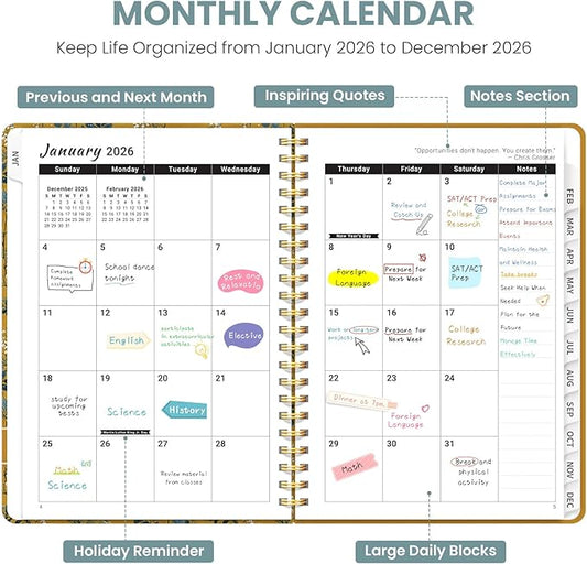 2026 Planner, Weekly and Monthly Planner for Women, Jan 2026 - Dec 2026 Pretty 2026 Calendar Planner with Monthly Tabs, Inner Pocket, Spiral Binding, Perfect for Office Home School - 6.3" x 8.5", Golden Grove
