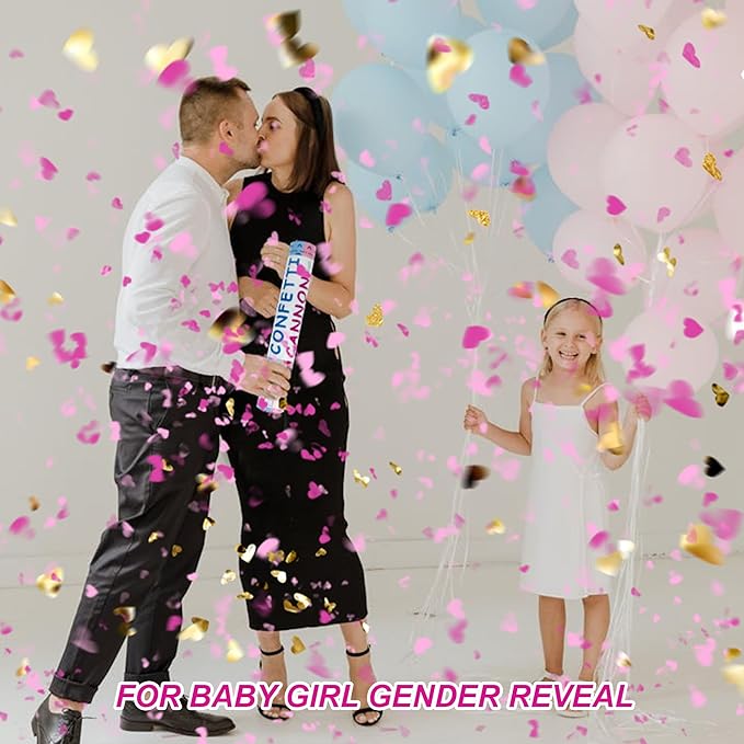 4 Pack Gender Reveal Confetti Cannon, 12 in Pink Heart Shaped Paper Party Poppers Cannons, Confetti Poppers For Baby Boy Girl Gender Reveal Baby Showers (Heart, Pink)
