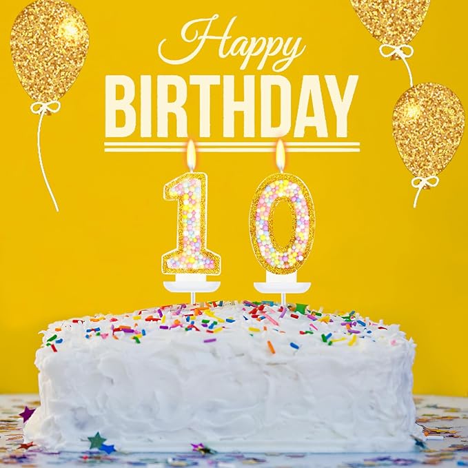 10th Birthday Candle for Cake, Colorful Macaron Numeral Candles for Boys/Girls, Birthday Party Cake Decorations, Golden Cake Topper for Birthday Party Supplies (Number 10)