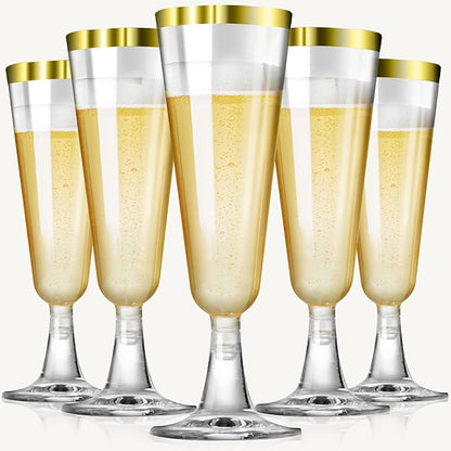 SUREHOME Champagne Flutes Plastic Champagne Glasses Disposable 100 Pack 5 Oz Gold Rim Mimosa Glasses Acrylic Wedding Toasting Cocktail Cups for New Years Eve Party Supplies 2026 New Years Decorations