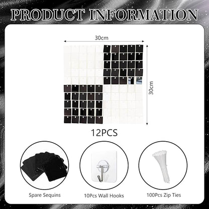 12PCS Black White Shimmer Wall Backdrop, Square Sequin Photo Backdrops Panel, Glitter Wall Background for Birthdays, Weddings, Christmas, Engagements, Disco Bachelorette Party Decor (3FTx4FT)