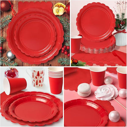 Vyntra 350 PCS Disposable Plates for Party, Paper Plates & Napkins Set with Cups, Knives, Forks, Spoons, 7'' Dessert and 9'' Dinner Plates for Birthday, Christmas, Valentine's Day - Red