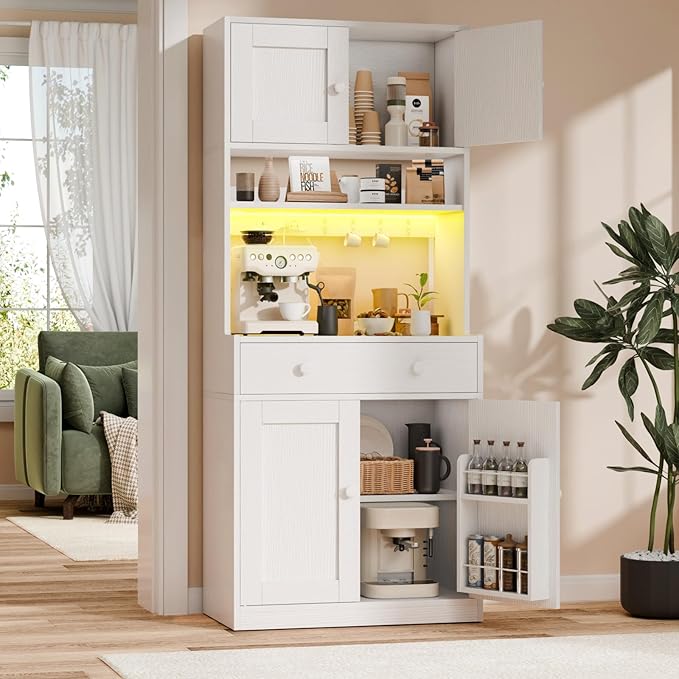 71" Tall Kitchen Pantry Storage Cabinet with Power Outlet & LED Light, Freestanding Food Pantry Cabinet with 4 Doors and Shelves, Cupboard with Drawer, Hutch with Microwave Stand, White