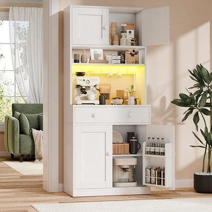 71" Tall Kitchen Pantry Storage Cabinet with Power Outlet & LED Light, Freestanding Food Pantry Cabinet with 4 Doors and Shelves, Cupboard with Drawer, Hutch with Microwave Stand, White