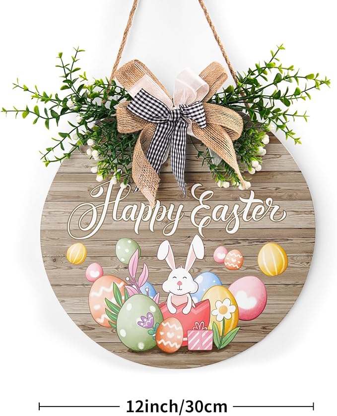 Harooni Happy Easter Wreaths for Front Door Easter Eggs Wooden Hanging Sign Cute Bunny Door Hanger Sign Rustic Easter Decorations with Bow for Home Front Porch Yard Window Wall Farmhouse 12x12 Inch