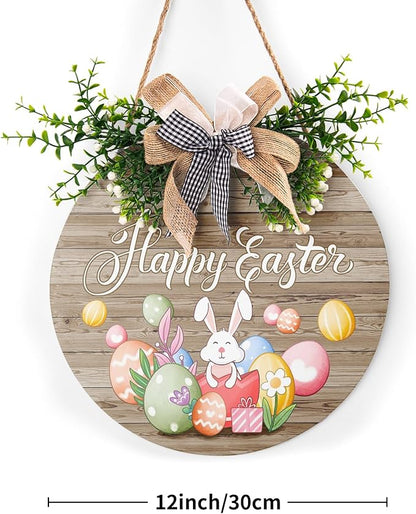 Harooni Happy Easter Wreaths for Front Door Easter Eggs Wooden Hanging Sign Cute Bunny Door Hanger Sign Rustic Easter Decorations with Bow for Home Front Porch Yard Window Wall Farmhouse 12x12 Inch