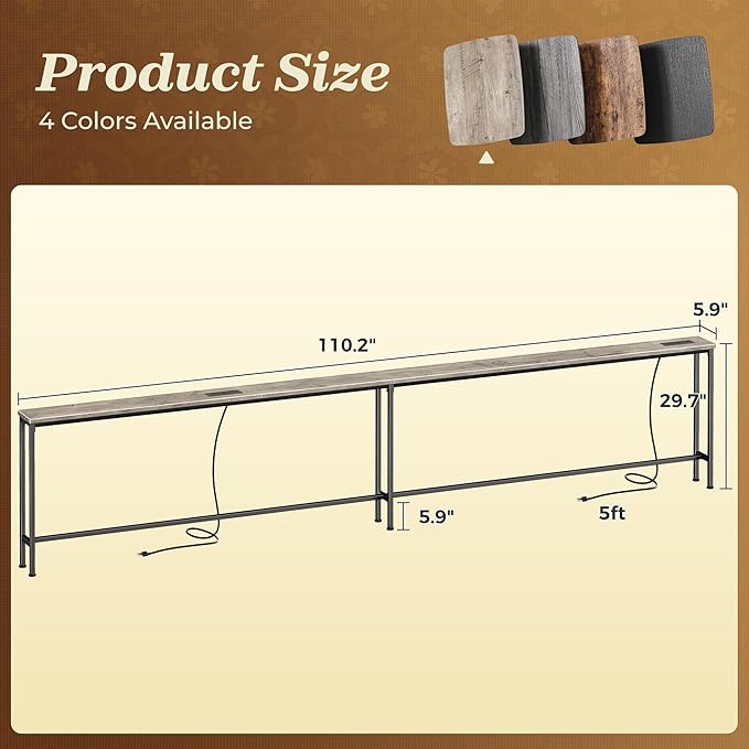 SUPERJARE Sofa Table with 2 Power Outlets and USB-C Ports, 5.9 Inch Narrow Console Table with Storage, Extra-Long, for Entryway Hallway Couch Behind Sofa, Small Spaces (Oak, 5.9"D x 110.2"W x 29.7"H)
