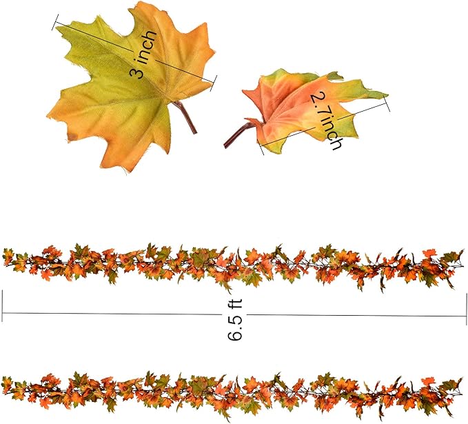 2 Pack Fall Garland Maple Leaf, 6.5Ft/Piece Hanging Vine Garlands Artificial Autumn Foliage Garland Thanksgiving Decor for Home Wedding Fireplace Party