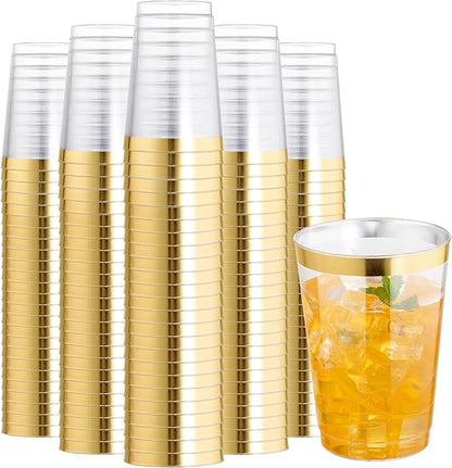 I00000 200 Pack 12 oz Gold Plastic Cups, Clear Disposable Cups, Disposable Plastic Wine Glasses Cocktail Glasses Premium Cups with Gold Rim, 12 Ounce Tumblers for Party & Wedding