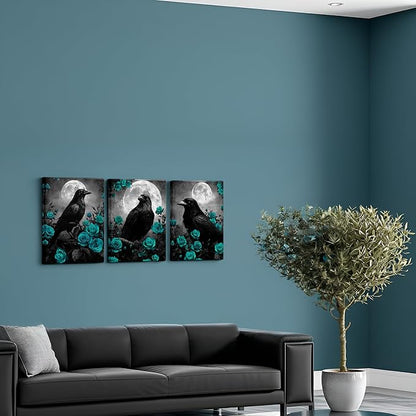 LevvArts Crow Canvas Wall Art Gothic Crow with Rose Painting Spooky Pictures Bathroom Bedroom Wall Decor (Teal)