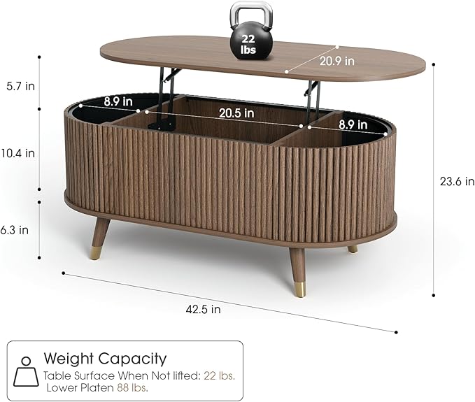 42.5" Oval Lift Top Coffee Table with Storage, Mid Century Modern Walnut Center Table with Fluted Design, Pop Up Coffee Table for Living Room,Solid Wood Legs & Hidden Compartment,
