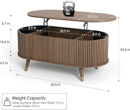 42.5" Oval Lift Top Coffee Table with Storage, Mid Century Modern Walnut Center Table with Fluted Design, Pop Up Coffee Table for Living Room,Solid Wood Legs & Hidden Compartment,