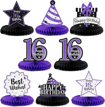 Happy 16th Birthday Decorations,16th Birthday Purple Glitter Shiny Stand Honeycomb Table Centerpieces - Cheers to Sixteen Years Old Birthday Party Photoprop Gift Sign.