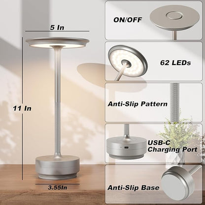 2 Pack Rechargeable Cordless Table Lamps, Portable 5000mAh Battery Table Light, 3 Color Stepless Dimming LED Table Light with Memory Function, for Outdoor/Dinner/Patio/Restaurant.(Silver)