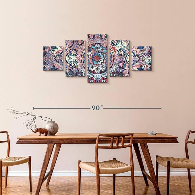 ElephantStock - Mandala Enchantment Wall Art - Horizontal Multi Panel Canvas - 5 Piece Living Room Wall Decor - Digital Art Elements Multi Piece Wall Art - Blue And Beige Decor - 74" x 34"