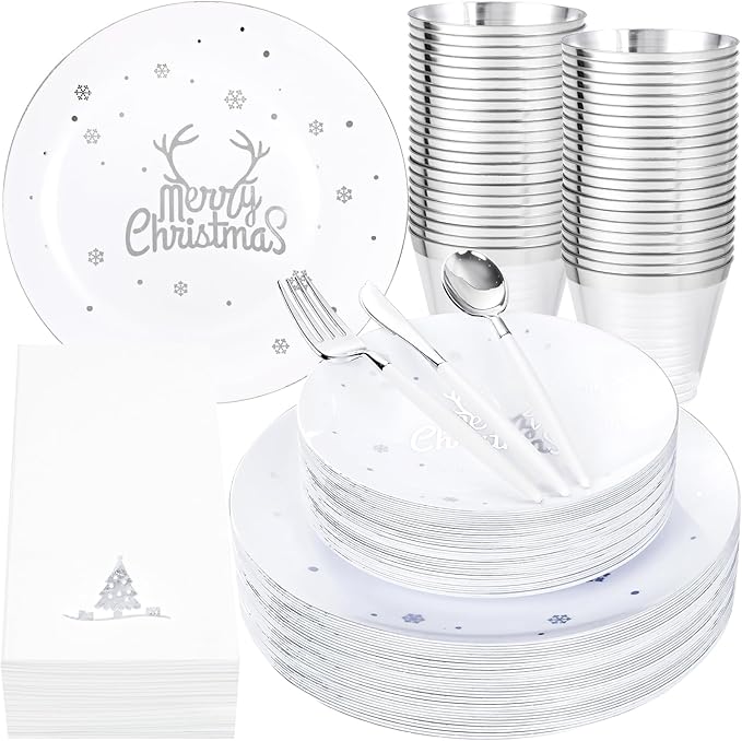 Nervure 175PCS Christmas Plastic Plates - White and Silver Disposable Plates & Silver Plastic Silverware with White Handle include 50 Plates 25Knives 25Forks 25Spoons 25Napkins for Christmas Party