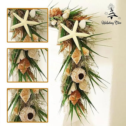 HOLIDAY TREE 5' Green Shell Coastal Christmas Garland – Natural Shells, Faux Grass & Resin Starfish | Beach Christmas Decor for Mantel or Home | Premium Coastal Holiday Garland