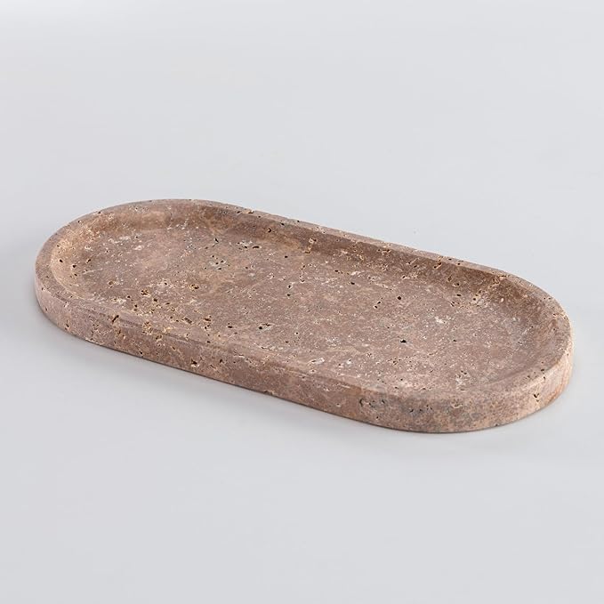 Handcrafted Travertine Tray – Bathroom Counter Organizer, Jewelry Tray, Perfume Organizer & Decorative Tray for Vanity Accessories, Coffee Table Decor & Bathroom Countertop (Oval, Noce)