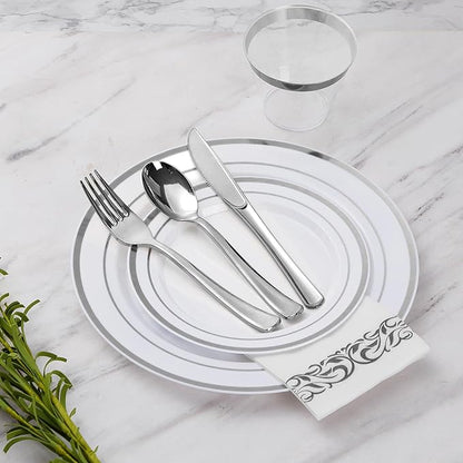 Goodluck 175 Piece Silver Dinnerware Set for 25 Guests, Plastic Disposable Plates for Party, Includes Dinner and Dessert Plates, Paper Napkins, Cups, Silverware Set