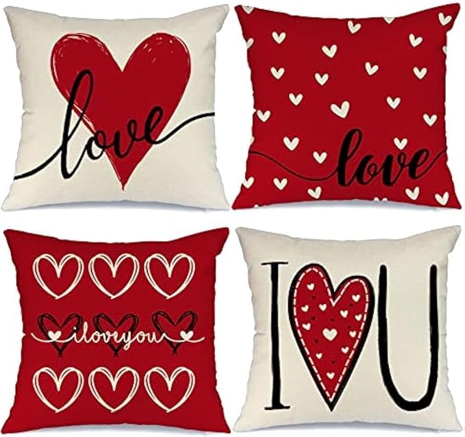 GEEORY Valentines Day Pillow Covers 16x16 Set of 4 Love Heart Valentines Day Throw Pillows Decorative Cushion Cases Valentine Decorations