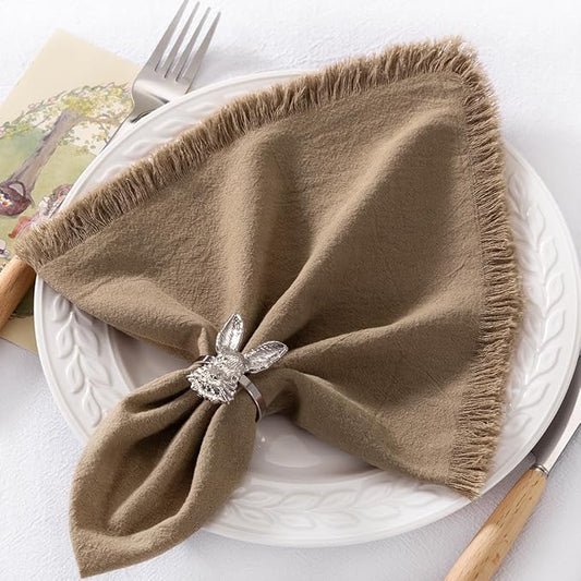 12 Pack Nude Cotton Linen Napkins with Fringe Christmas Cloth Napkins Set of 12 Boho Handmade Holiday Napkins Bulk for Wedding Baby Shower Xmas Dinner Table Parties, 17 x 17 Inches