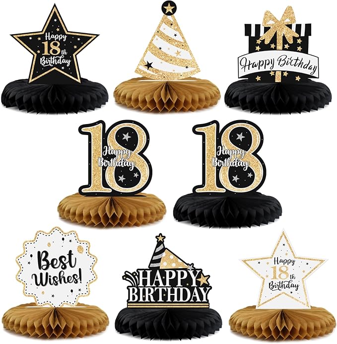 Happy 18th Birthday Decorations,18th Birthday Gold Glitter Shiny Stand Honeycomb Table Centerpieces - Cheers to Eighteen Years Old Birthday Party Photoprop Gift Sign.