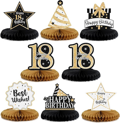 Happy 18th Birthday Decorations,18th Birthday Gold Glitter Shiny Stand Honeycomb Table Centerpieces - Cheers to Eighteen Years Old Birthday Party Photoprop Gift Sign.