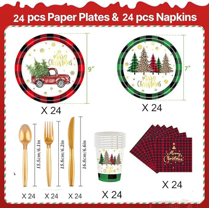 168PCS Christmas Plates and Napkins with Cups Fork Spoon,Serves 24, Christmas Disposable Dinnerware Set Party Supplies(Red)