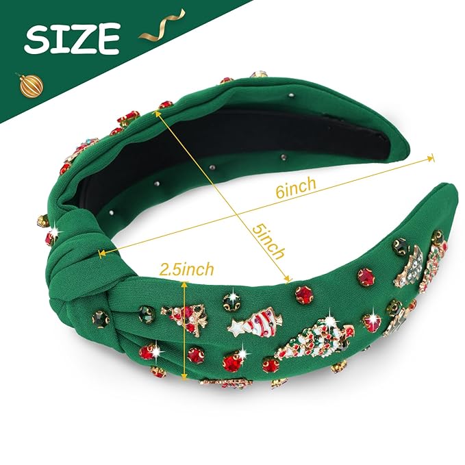 Christmas Headbands for Women, Green Knotted Jeweled Crystal Xmas Headband with Xmas Tree and Rhinestones - Christmas Gifts for Women, Holiday Hair Accessories for Xmas Outfits