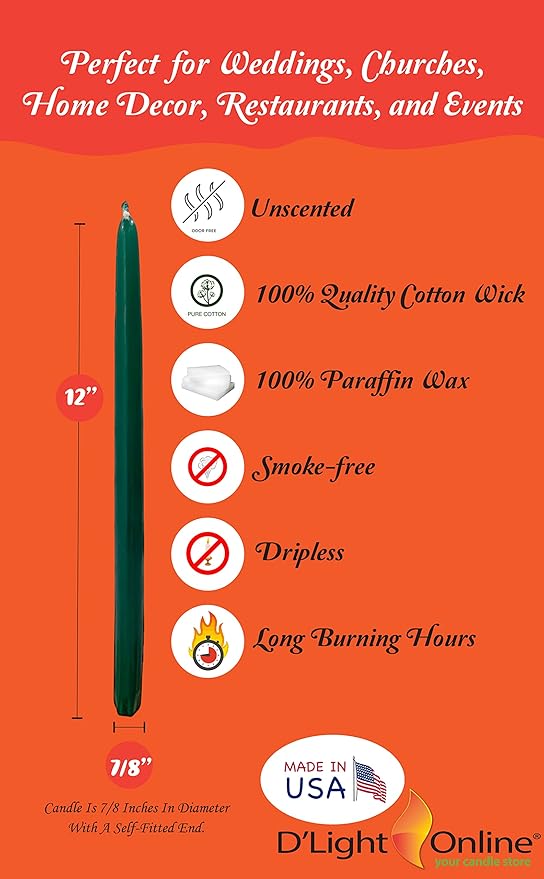 D'light Online Elegant 12" Unscented Hunter Green Taper Candles Premium Quality Candles Hand-Dipped Tapered Candles, Dripless and Smokeless - Set of 12 Individually Wrapped (12 Inch, Dark Green)