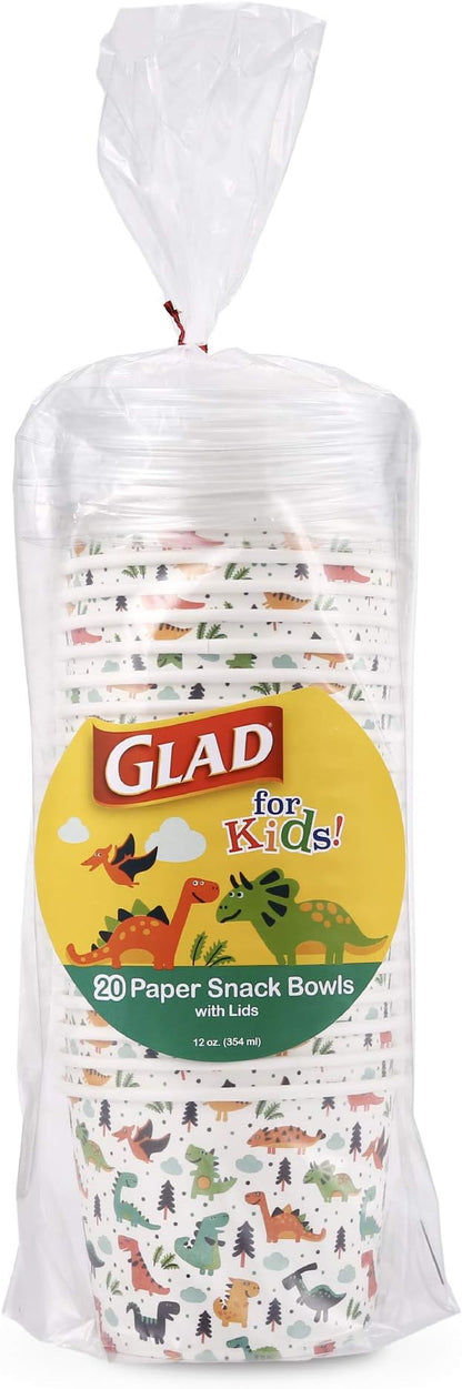Glad for Kids Dinosaurs Paper Snack Bowls with Lids - Disposable Snack Cups with Lid, Dinosaur Party - Heavy Duty Disposable Microwavable Paper Bowls for Soup, Ice Cream - 120 Count, Glad Snack Cups