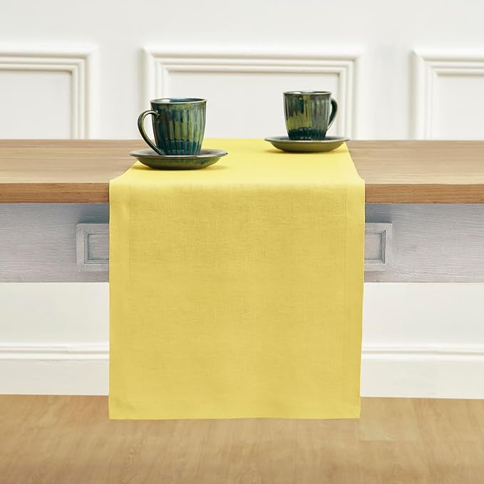 Solino Home Linen Table Runner 108 Inches Long - 100% Pure Linen Sunshine Yellow Dining Table Runner 14 x 108 Inch - Fete