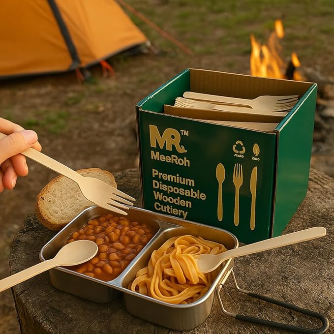 Premium Eco-Friendly Heavy-Duty Disposable Cutlery Set – 300-Piece Sturdy Forks, Spoons & Knives | Biodegradable, Compostable, Smooth Finish for Parties, Events & Camping Utensils – By MeeRoh