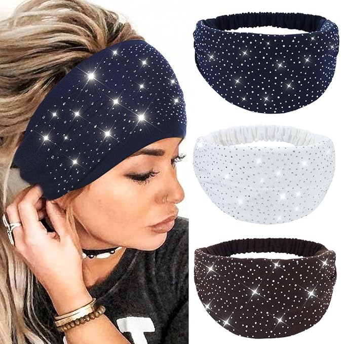 CAKURE Wide Rhinestone Headbands Sparkly African Head Wraps Bling Head Scarf Motorcycle Hair accessories Women (Pack of 3)