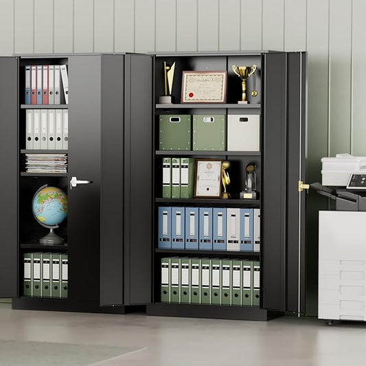 INTERGREAT 72-Inch Metal Storage Cabinet for Garage, Lockable Steel Cabinet with Doors and Adjustable Shelves, Black Locking Storage Unit for Office, Home, Gym, and School.