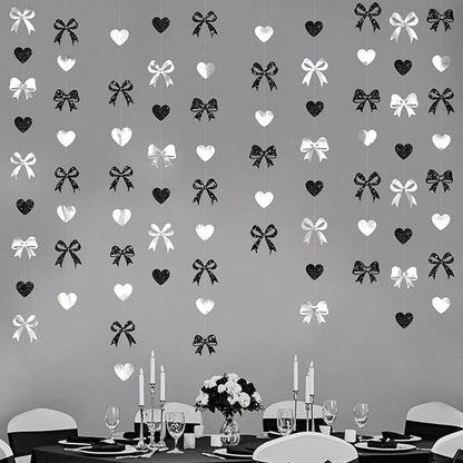Bow Decorations Siver Black Metallic Glitter Paper Bow Heart Hanging Garland Streamer for Coquette Birthday Valentines Bachelorette Wedding Bridal Shower Anniversary Hen Party Decorations Supplies