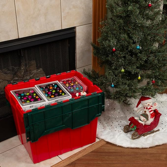 Akro-Mils KeepBox 18 Gallon Storage Container, Nesting and Stackable Plastic Storage Box with Lid Attached, Organizer Tote for Garages, Closets, and Moving, 21" x 15" x 17", Red/Green