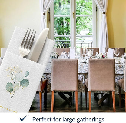 PAW - Linen Feel Napkins with Built-in Flatware Pocket, Airlaid Paper Pre-Folded Napkins for Silverware, Wedding Party, Dinner, Birthday, Gatherings, Golden Eucalyptus Design, 50 Count