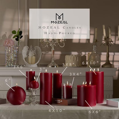 MOZEAL 3" x 6" Hand-Poured Unscented Candle,Dripless Pillar Candle Set of 3,Long Lasting Burning,Approx 120 Hours Burn Time,Rustic Country Style,for Wedding,Dinner,Christmas and Home Decor,Dark Red