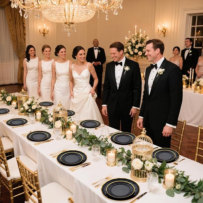 EI 150pcs Black Plastic Plates,Black and Gold Fancy Plate,Gold Plastic Silverware,Black and Gold Dinnerware Set,Premiun Heavy Duty Taleware,Perfect for Party,Wedding,Christmas,New Year