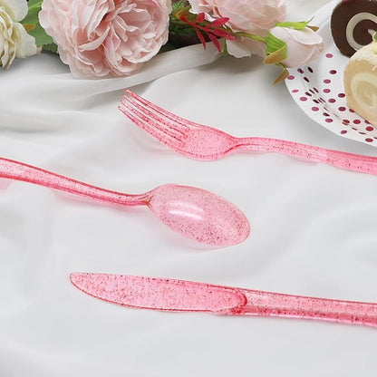 150 Pcs Pink Silverware Set Heavy Duty Pink Plastic Silverware - 50 Forks, 50 Knives, 50 Spoons for Brithday, Wedding, Baby Shower, Bridal Shower